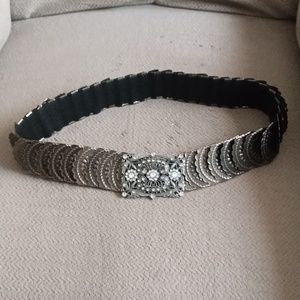 Elasticized Belt Covered With Metallic Stamps Jeweled Buckle